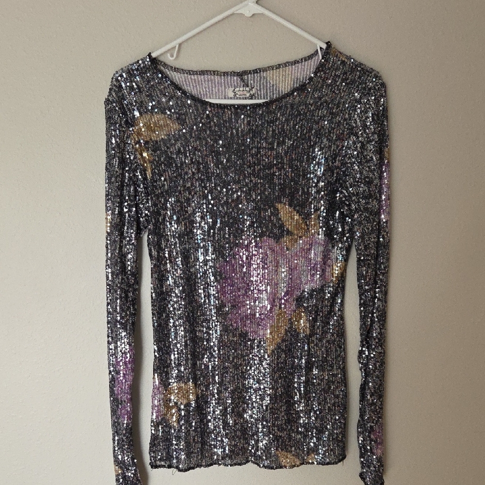 Free People Sequin Long Sleeve Top - Black and Purple